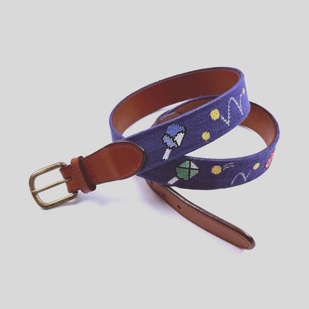 Smathers & Branson Brown Leather Belt Mens 36 Blue Wacky Pickleball Needlepoint